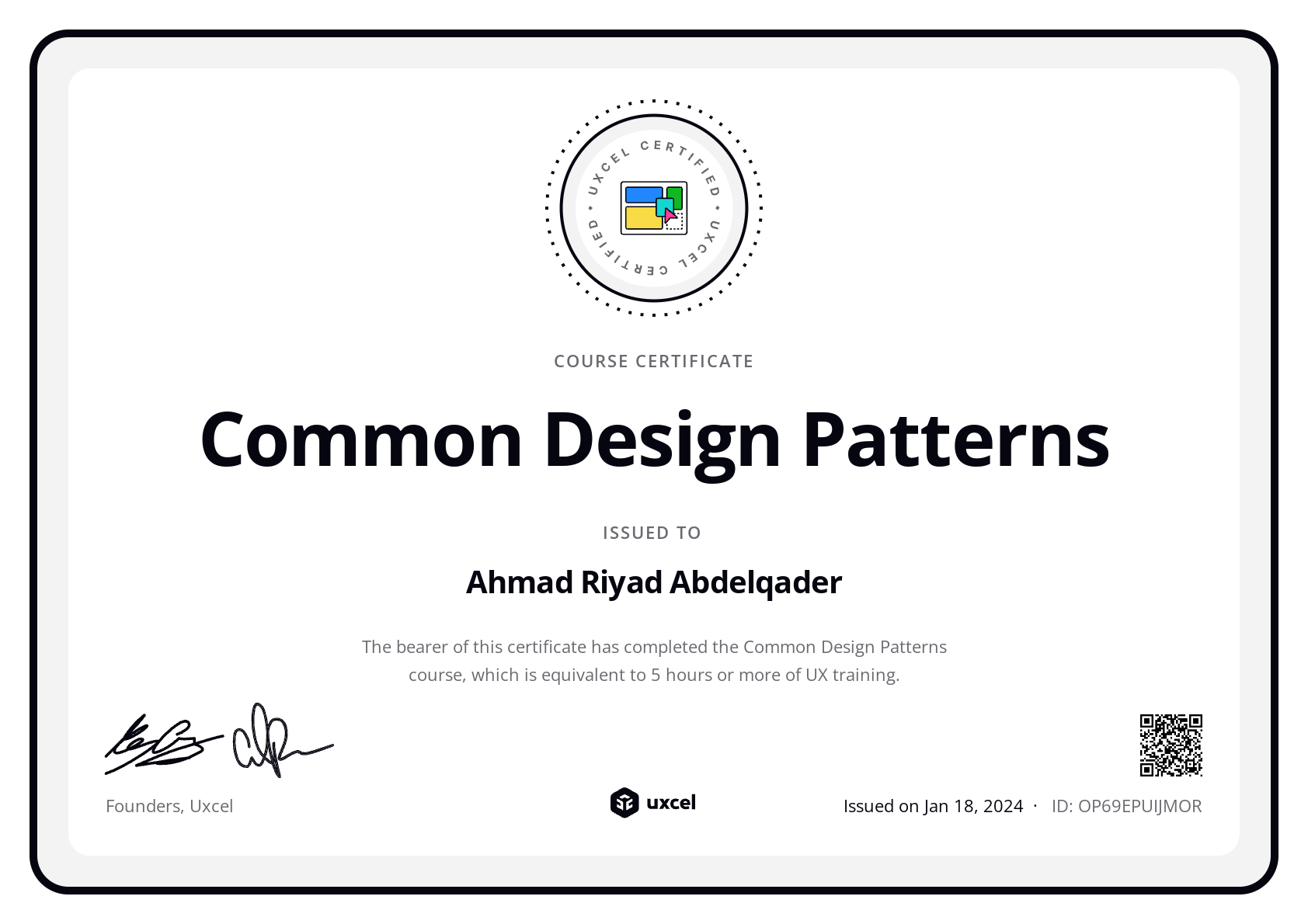 Ahmad Riyad Abdelqader's certificate